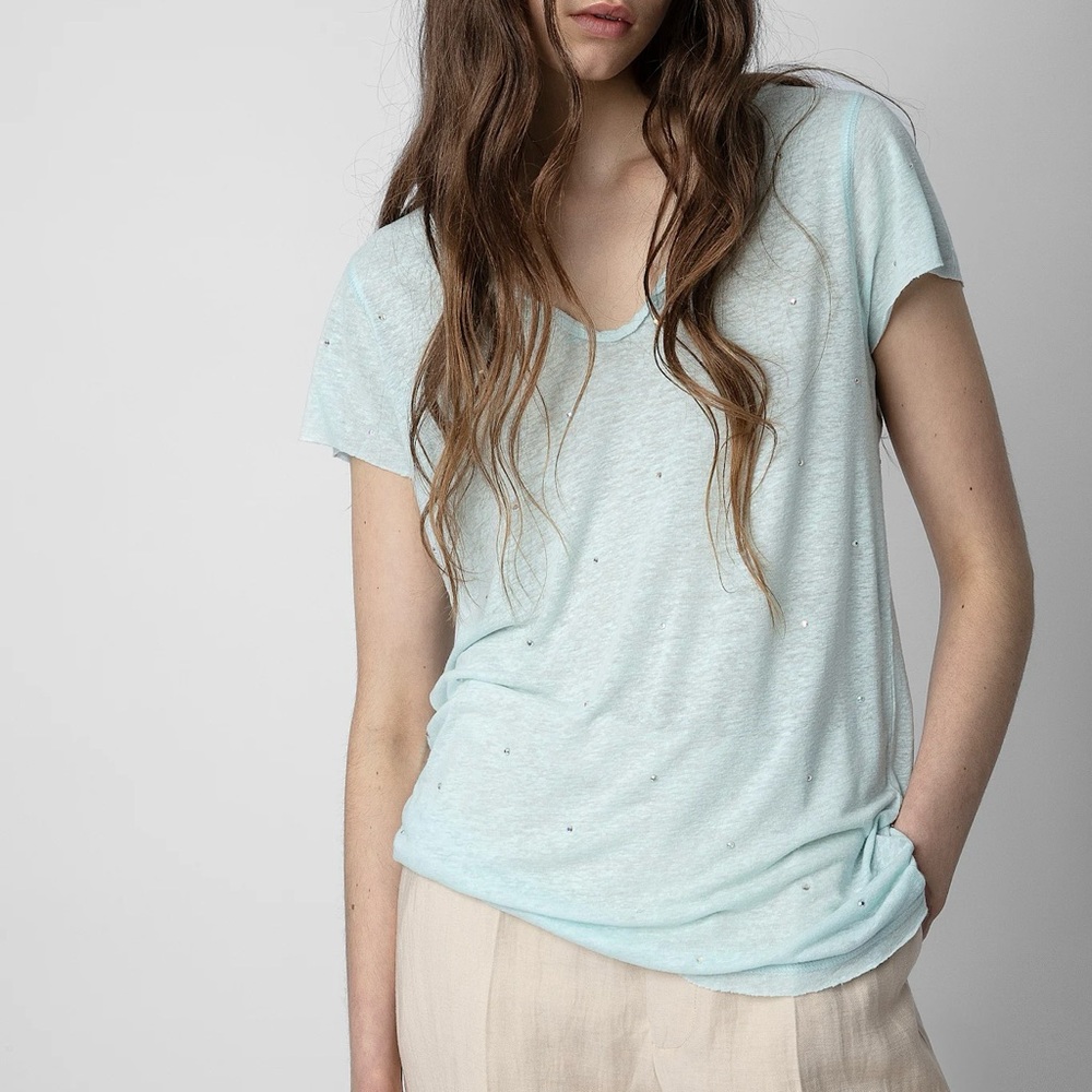 Zadig+Voltaire M Tunisien Linen Crystal Henley T-Shirt Aqua Blue EUC
